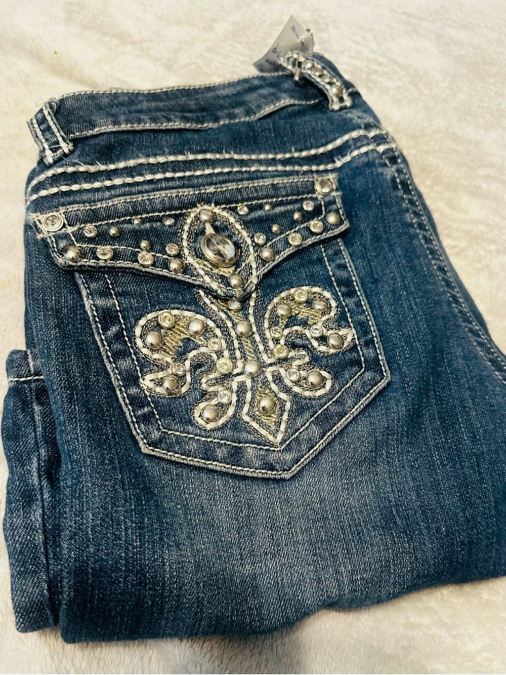 Miss Chic Jeans Flare Jeans with Rhinestone Fleur-de-Lis Pocket; Vintage Y2K